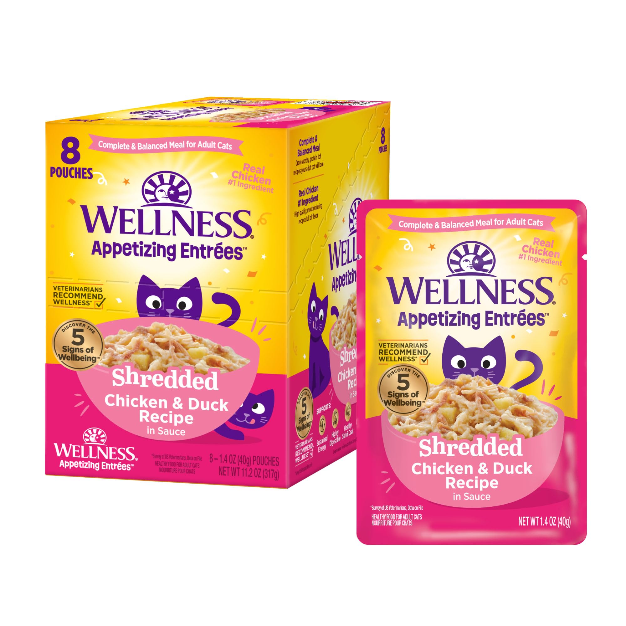 Wellness Entradas Apetitosas Deshilachadas con pollo y pato, proteína principal para gatos