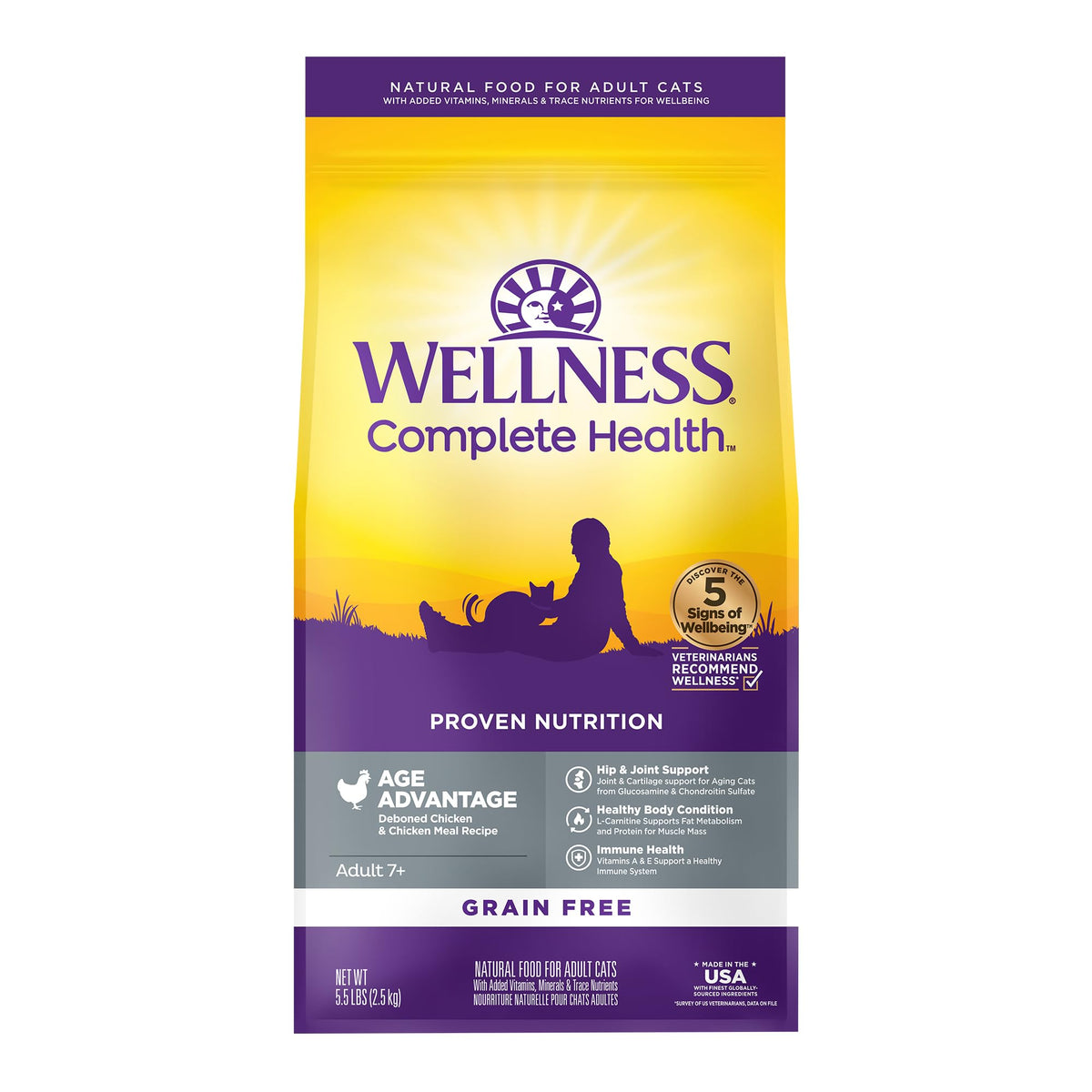 Wellness gato anciano, envase de 5 libras, alimentación diaria conveniente.