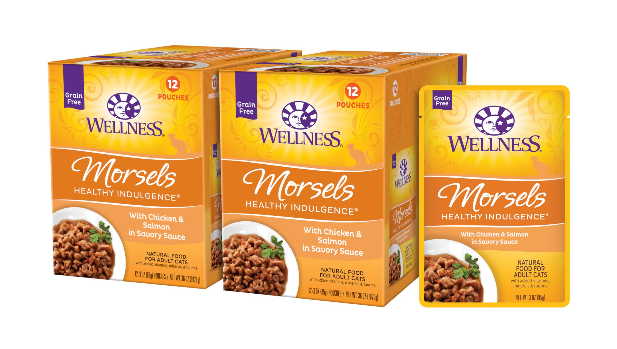Wellness Healthly Indulgence Morsels - bolsa pollo-salmon 3 onzas, fácil de servir para gatos adultos.