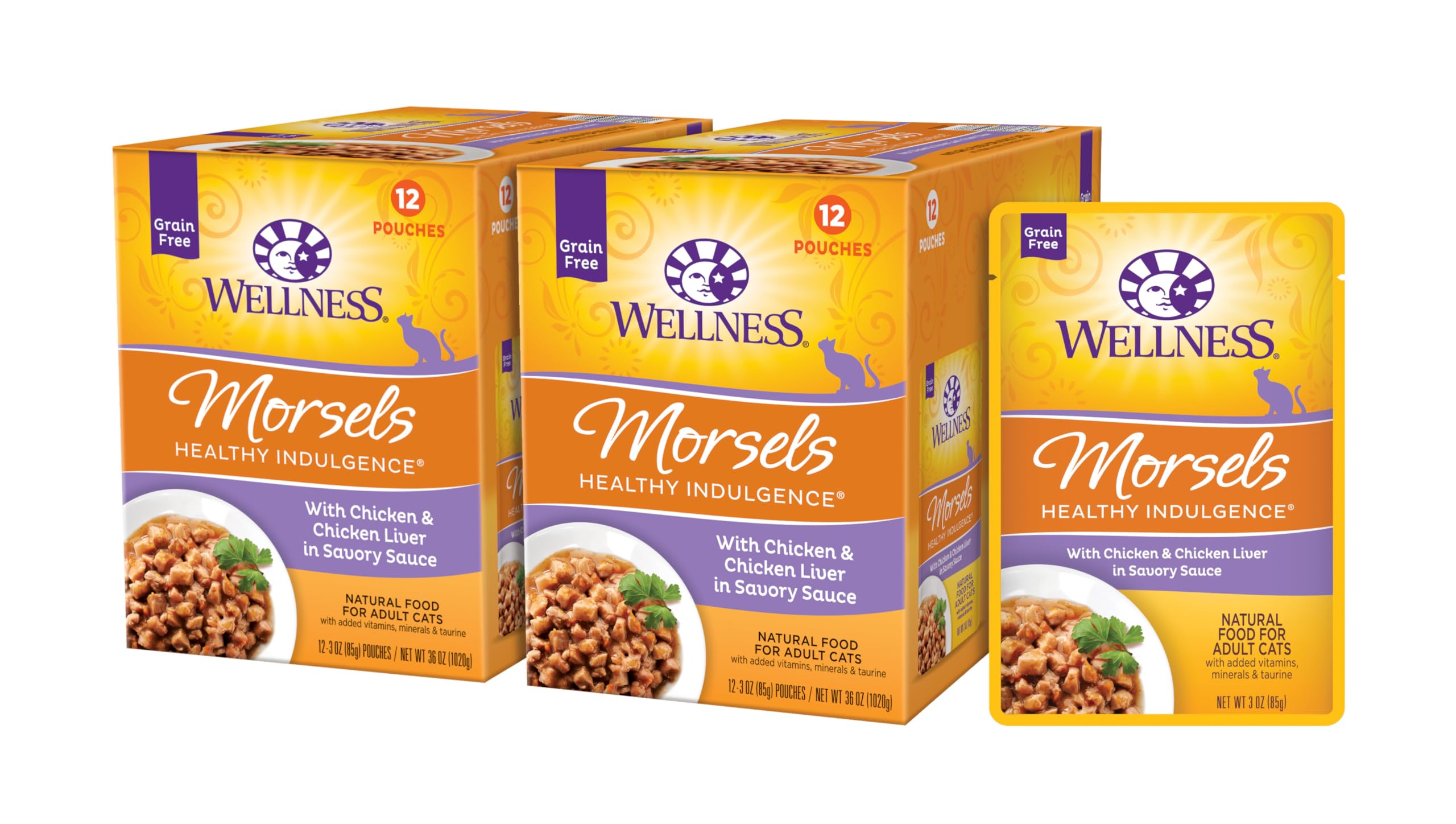Wellness mordiscos indulgentes para gatos sobre de pollo para nutrición diaria.