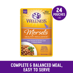 Wellness mordiscos indulgentes para gatos textura con caldo ligero.