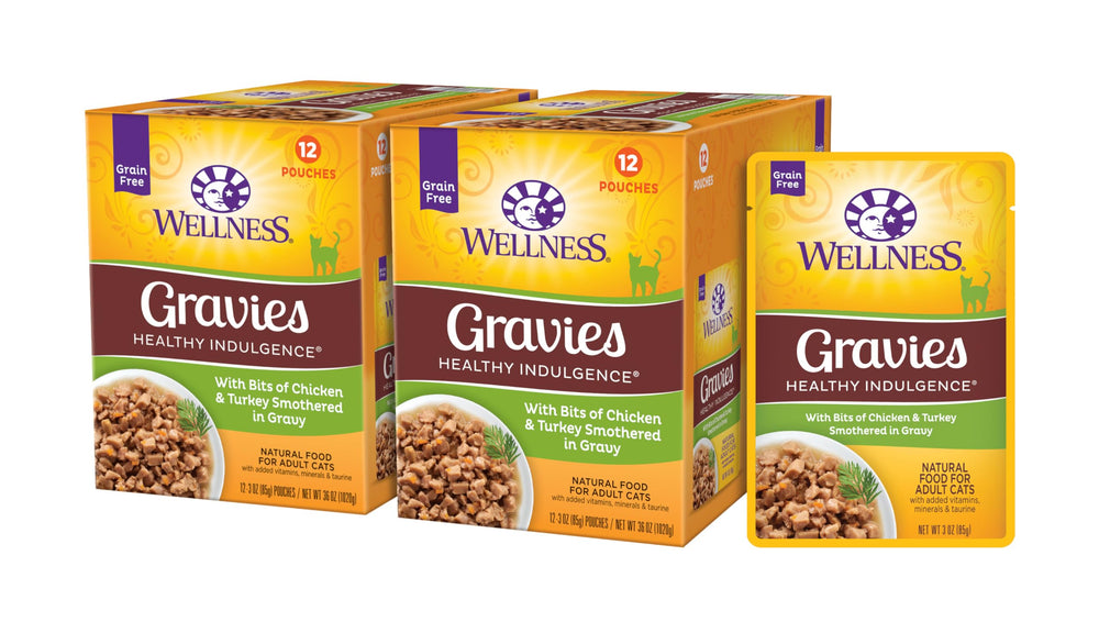Wellness Indulgence salsa pollo para gatos adultos, porción 3oz, bolsa fácil de servir.