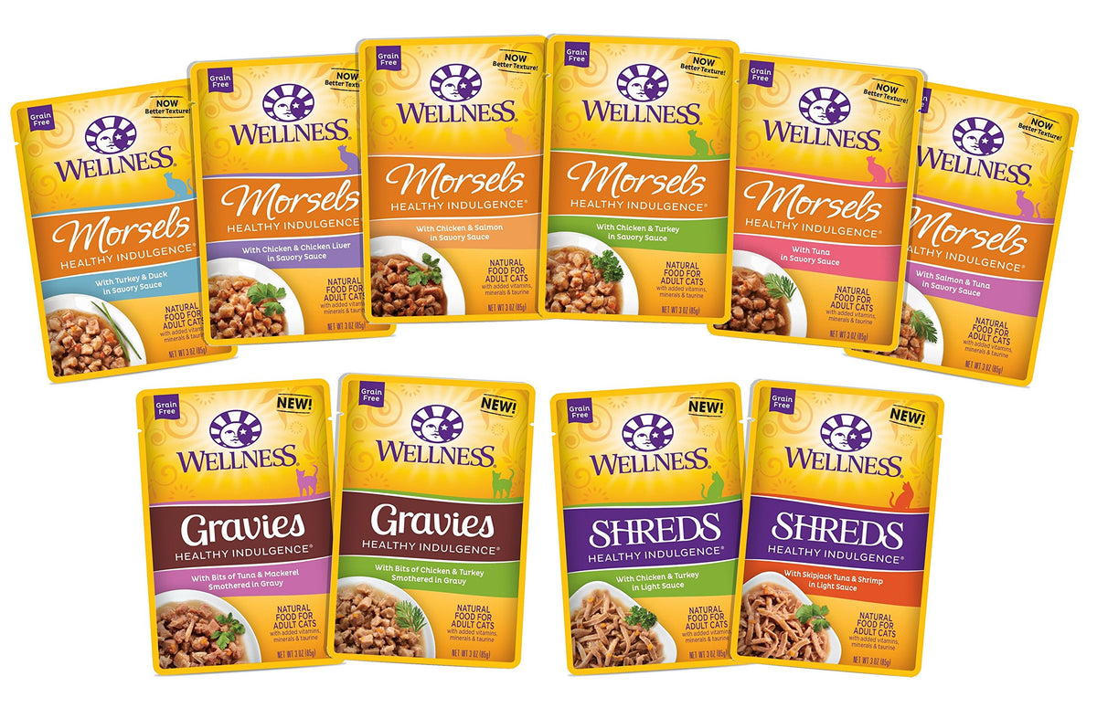 Wellness Healthy Indulgence en sobre para gato con variedad de sabores para mayor interés.