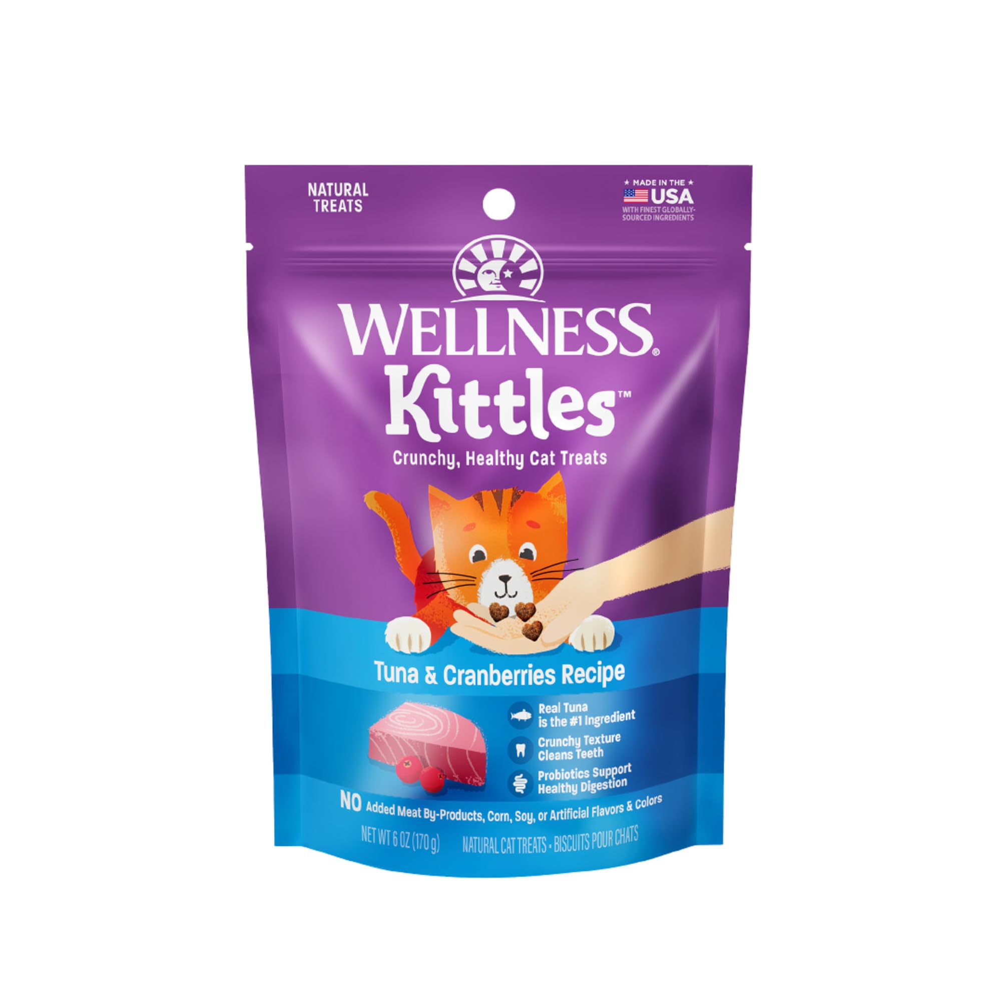 Wellness Kittles bocados crujientes de atún y arándanos para gatos, sabor sabroso y ligero.