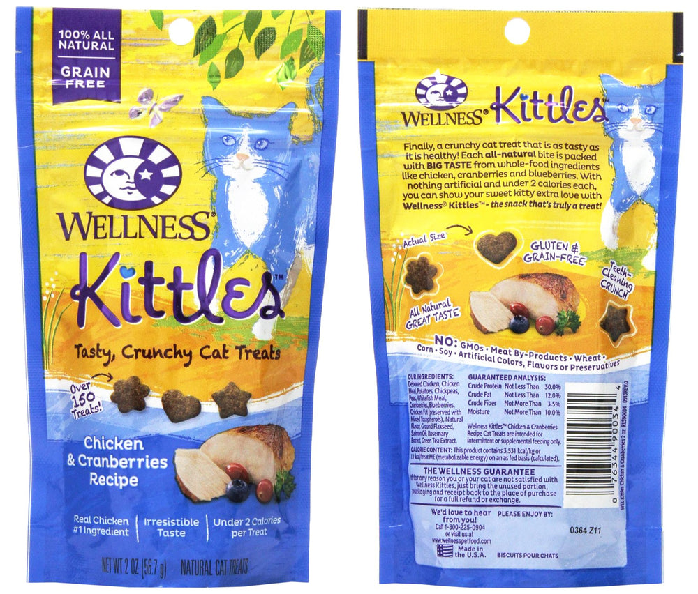 Wellness Kittles pollo-arándanos, snack crujiente que ayuda a limpiar dientes.