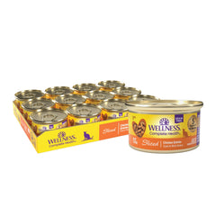 Wellness Complete Health en lata para gato, trozos de pollo, proteína de alta calidad.