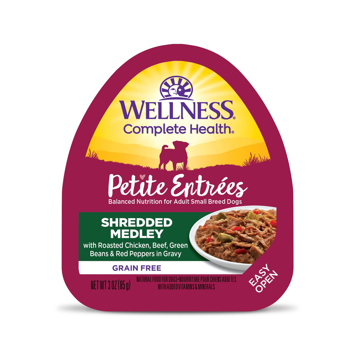 Wellness Petite Entrées Medley con pollo asado y res, trozos jugosos con verduras para perros pequeños.