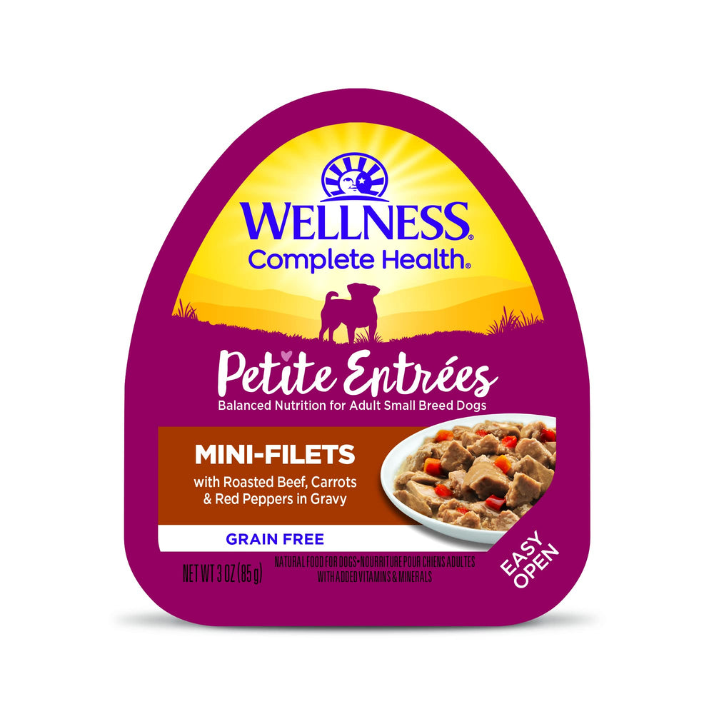 Wellness Petite Entrées: filetes tiernos de res con zanahorias y pimientos rojos en salsa, ideal para perros pequeños.