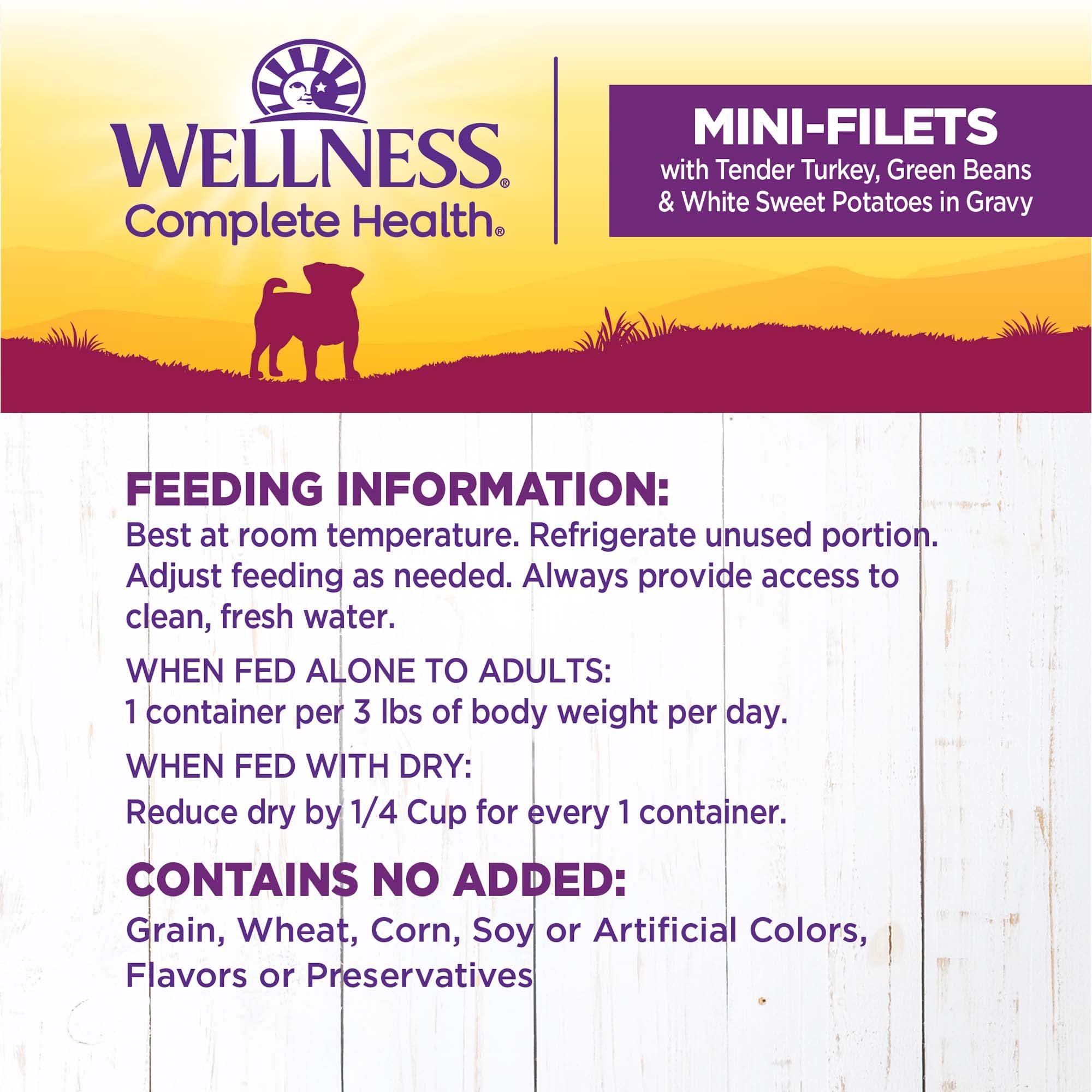 Wellness Petite Entrées sabor filetes tiernos para comidas diarias de perros pequeños.