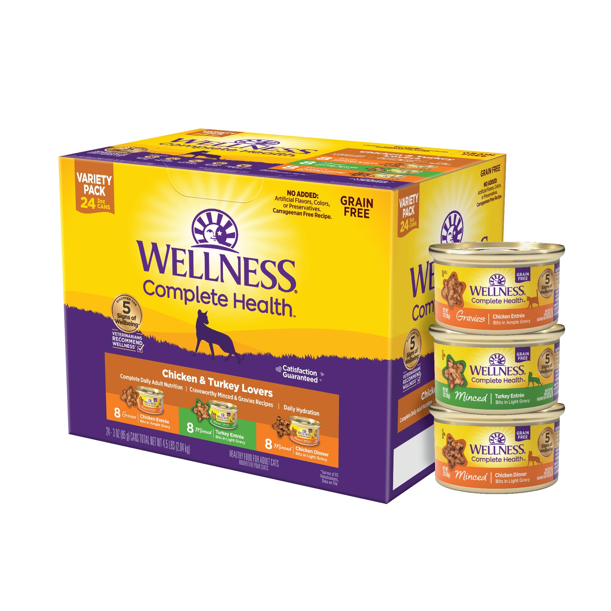 Wellness pollo en salsa en lata para gatos adultos, proteína de alta calidad.