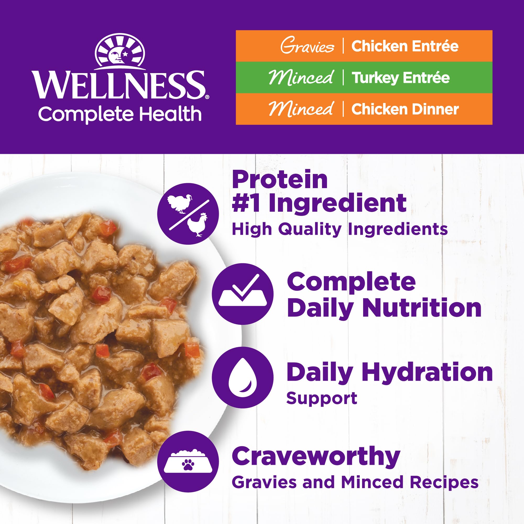 Wellness pollo picado en lata, textura suave y proteína para gatos.