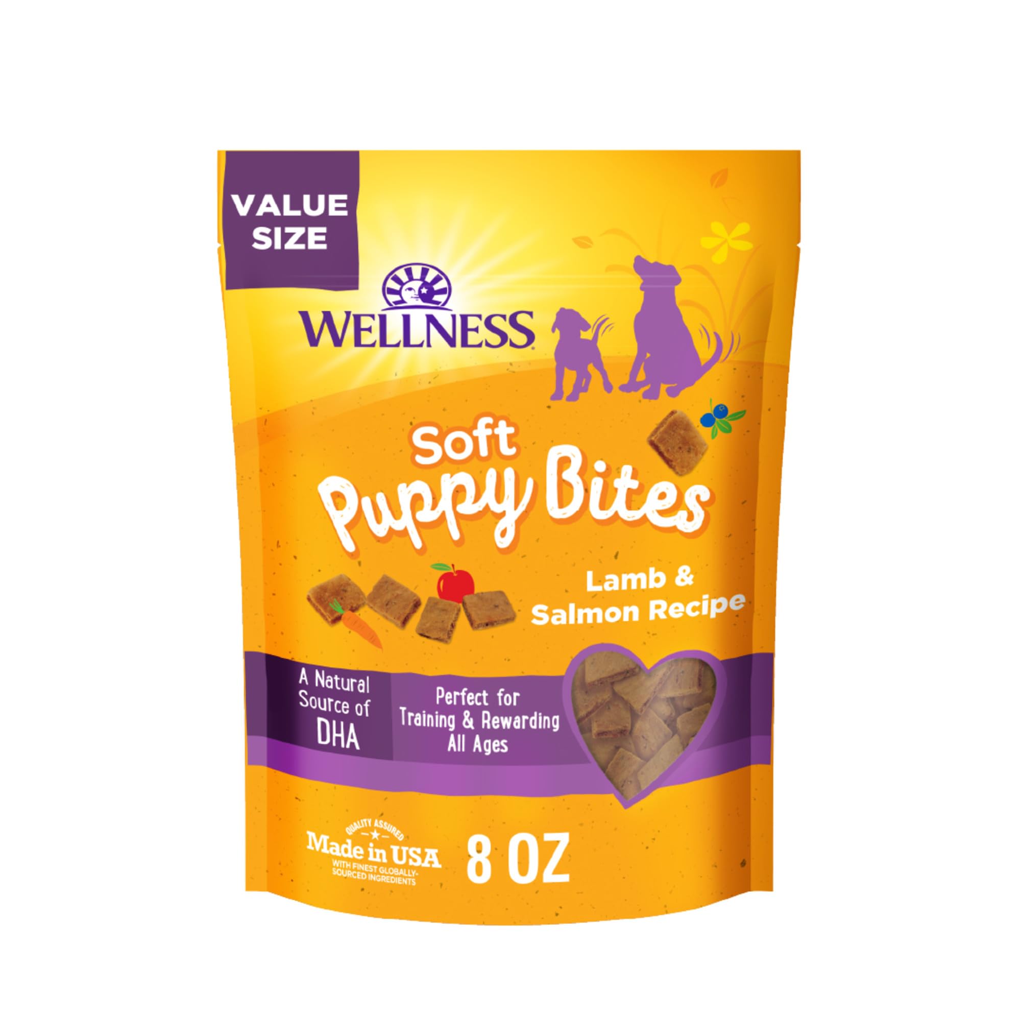 Wellness Premios para cachorros: mordiscos suaves de cordero y salmón para entrenamiento.
