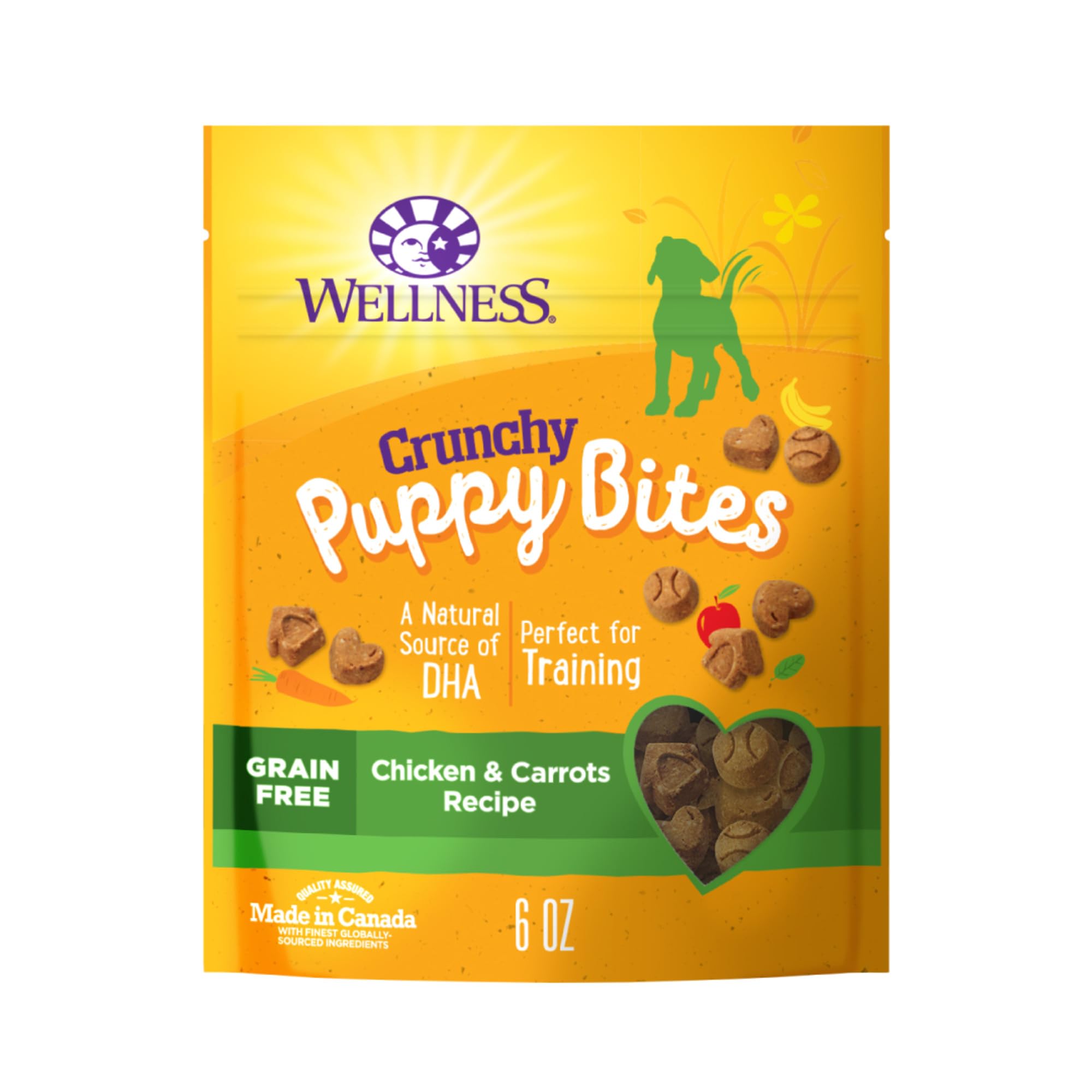 Wellness Puppy Treats crujiente, pollo y zanahoria para cachorros, ideal para entrenamiento.