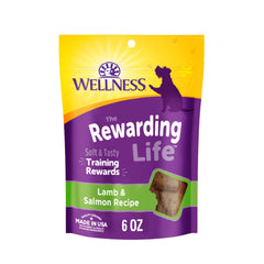 Premios blandos Wellness Rewarding Life para entrenamiento con cordero y salmón.