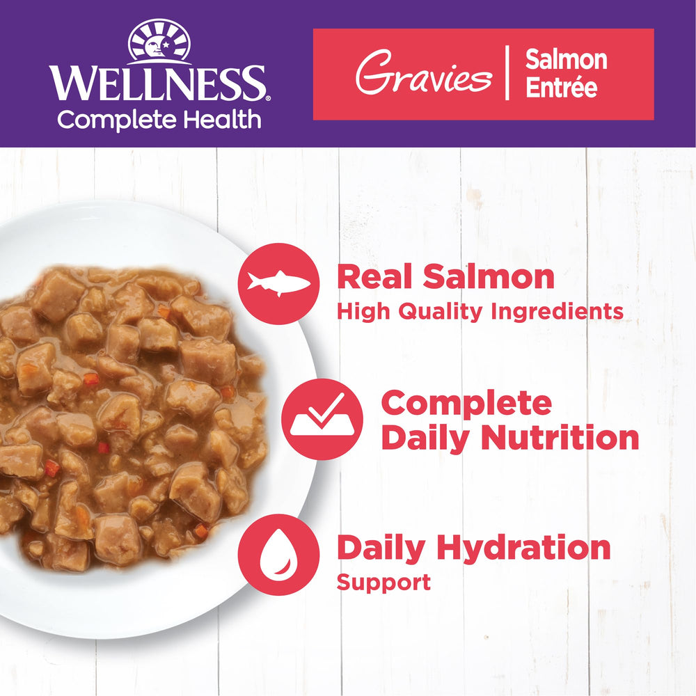 Wellness Salmón en salsa espesa, aporta proteína de calidad para gatos activos.