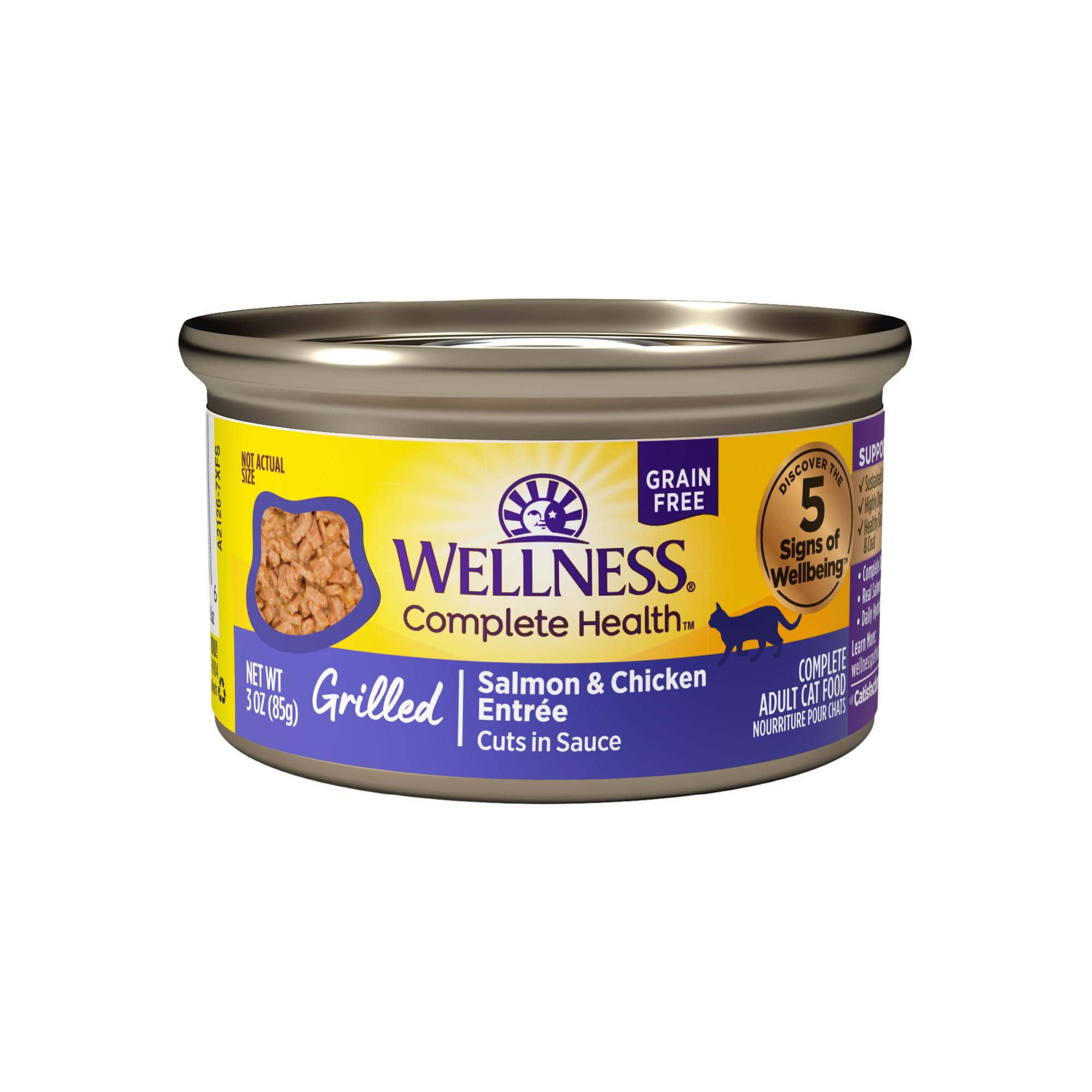 Wellness salmón y pollo en lata: sabor a la parrilla para gatos exigentes.