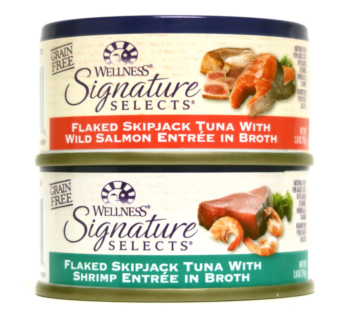Wellness Signature Selects, lata de salmón y camarones, alimento húmedo de calidad para gatos.
