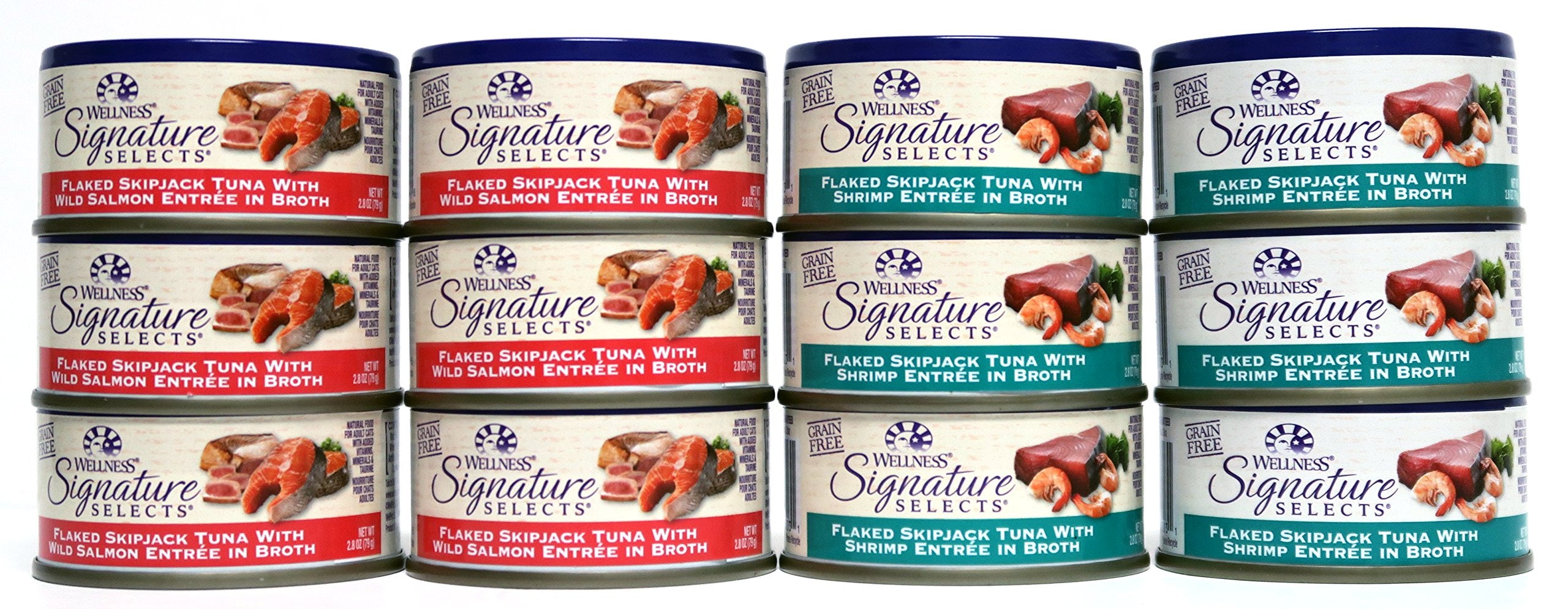 Trozos de salmón y camarones en Wellness Signature Selects, textura atractiva para gatos.