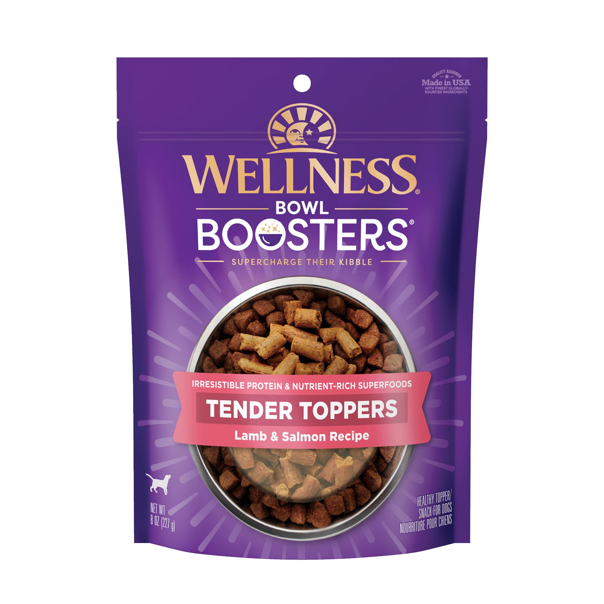 Wellness Tender Toppers cordero-salmon, realza el sabor de la comida canina.