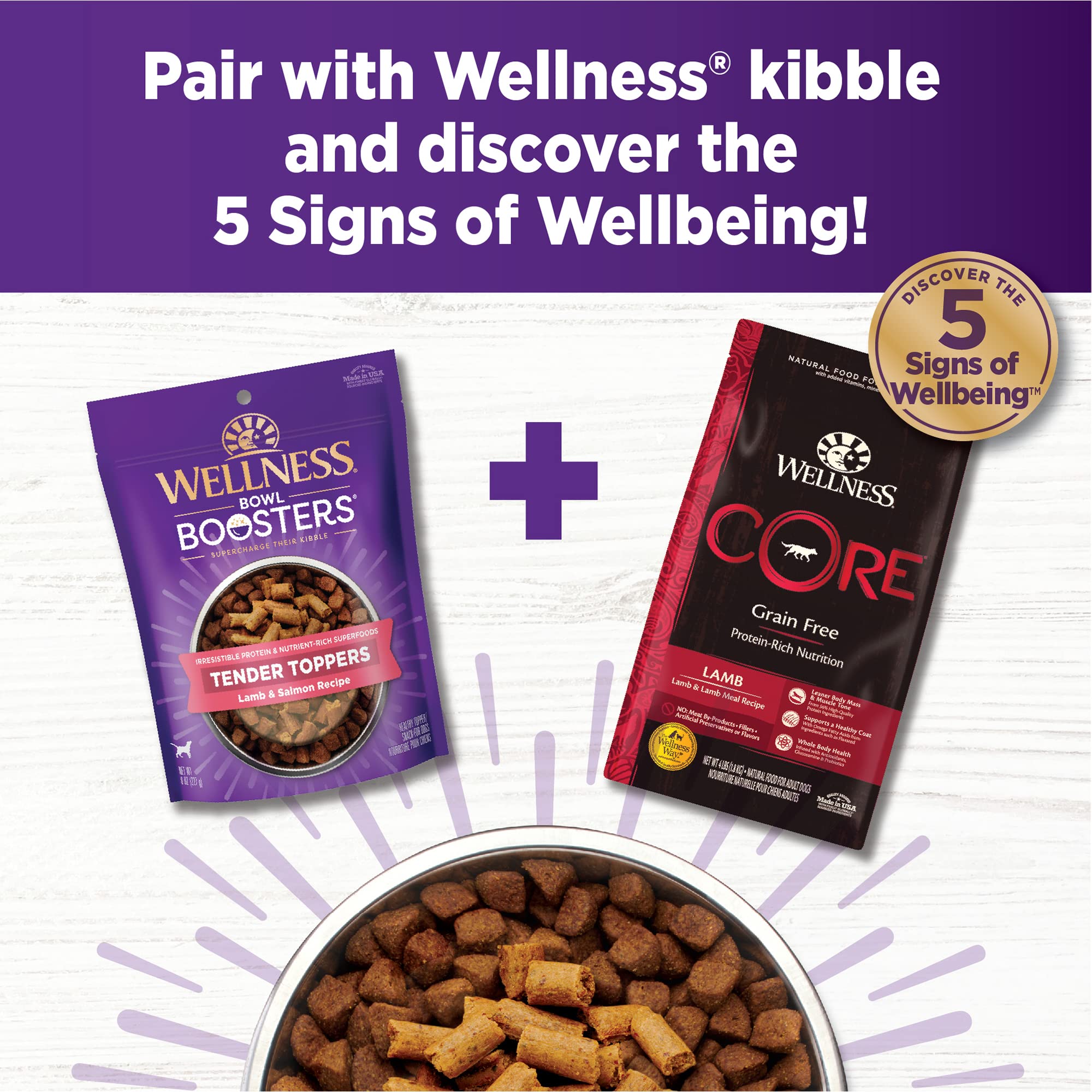 Wellness Tender Toppers cordero-salmon, sabor y nutrientes para el bienestar diario canino.