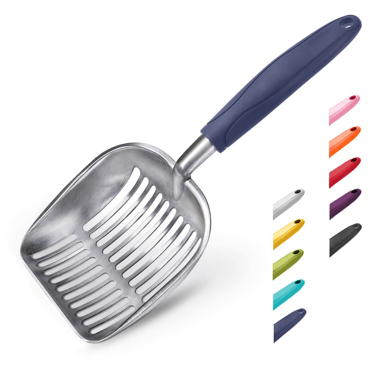 WePet cazo para arena de gato de aluminio azul facilita recoger desechos con mango cómodo.