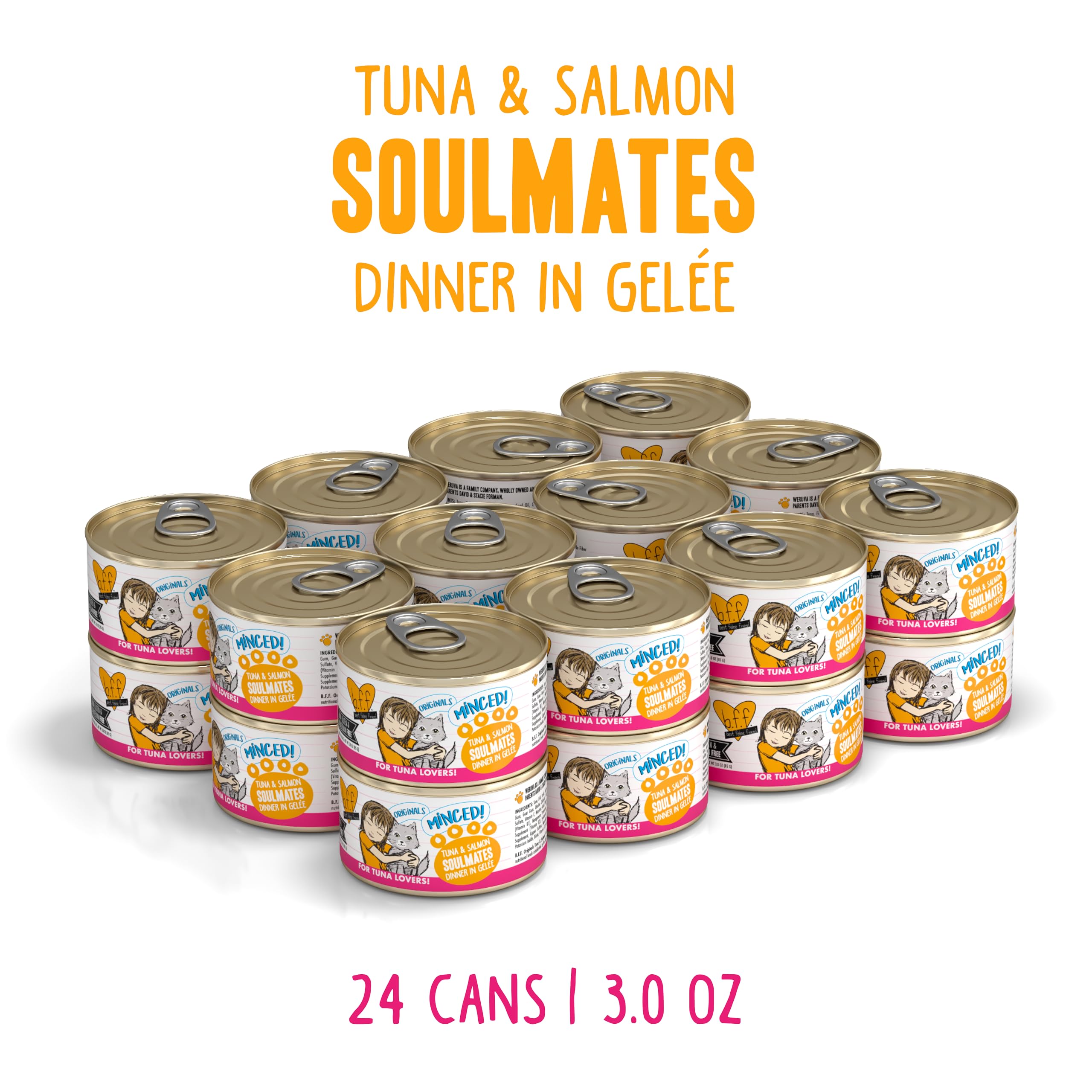 Weruva BFF gelatina suave con atún y salmón, textura atractiva para gatos selectivos.