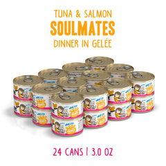Weruva BFF gelatina suave con atún y salmón, textura atractiva para gatos selectivos.