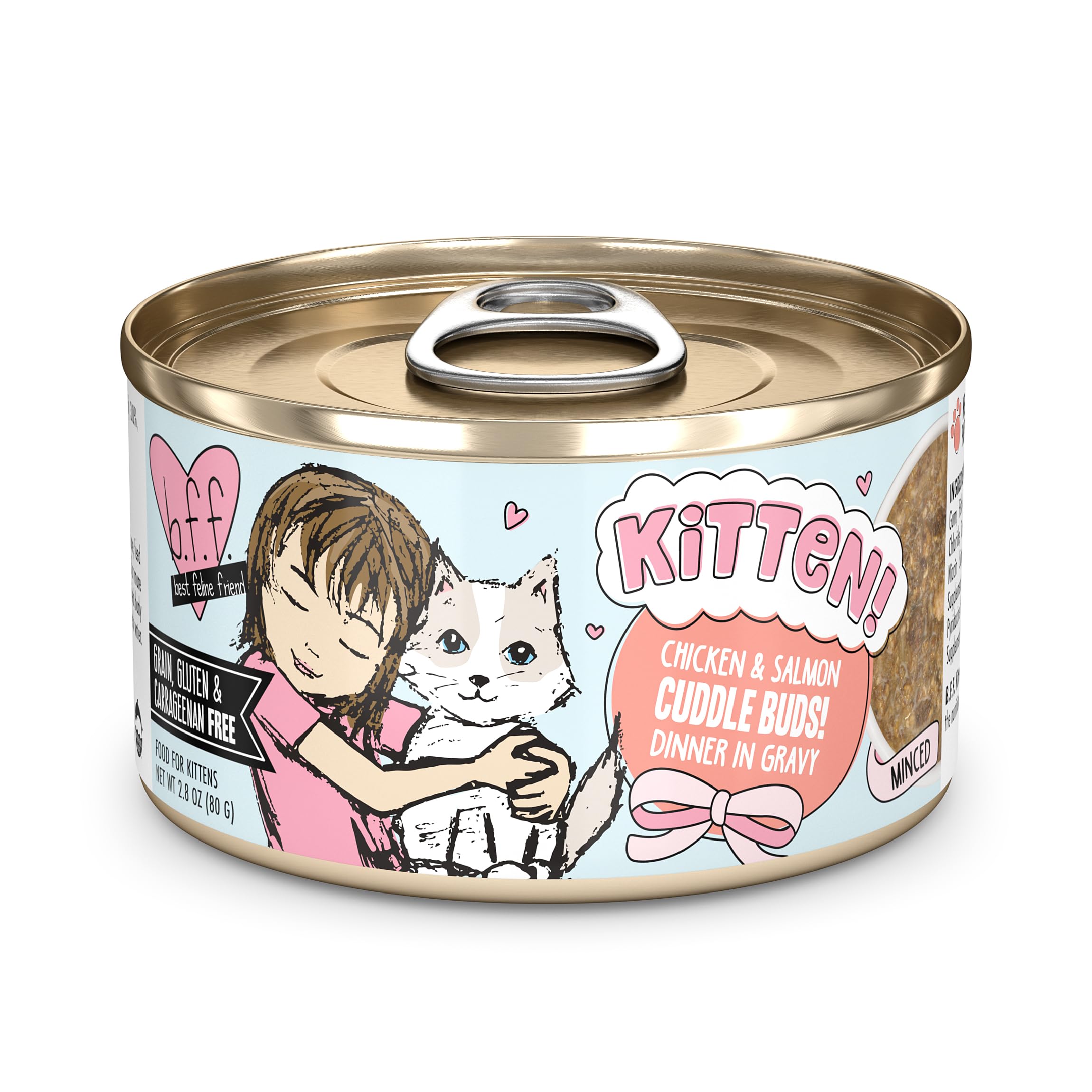 Weruva B.F.F. Kitten Cuddle Buds, lata pollo-salmon en salsa, ideal para hidratación y sabor.