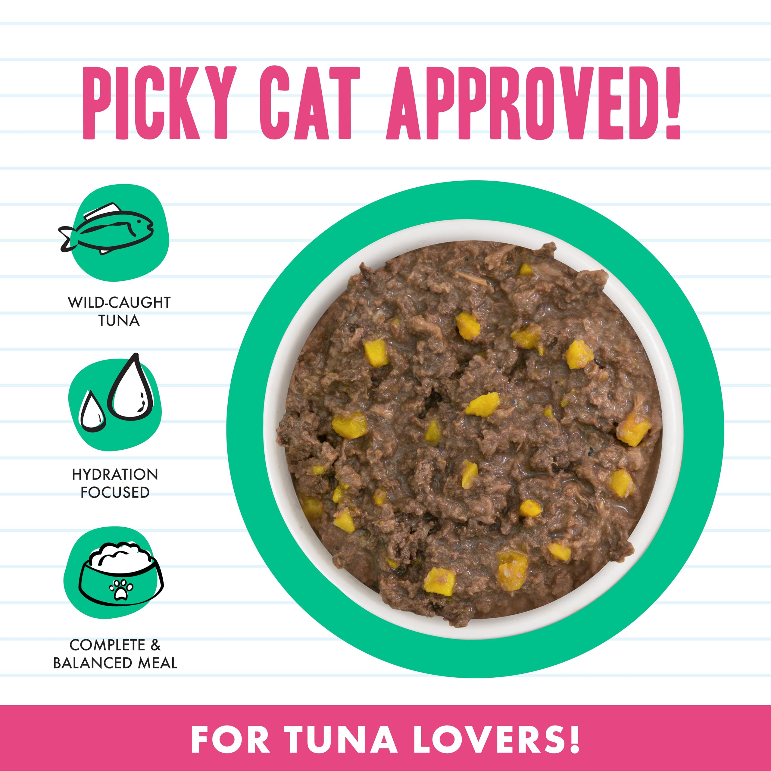Weruva BFF Minced Valentine: plato con salsa, trozos de atún y calabaza listos para comer