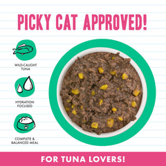 Weruva BFF Minced Valentine: plato con salsa, trozos de atún y calabaza listos para comer