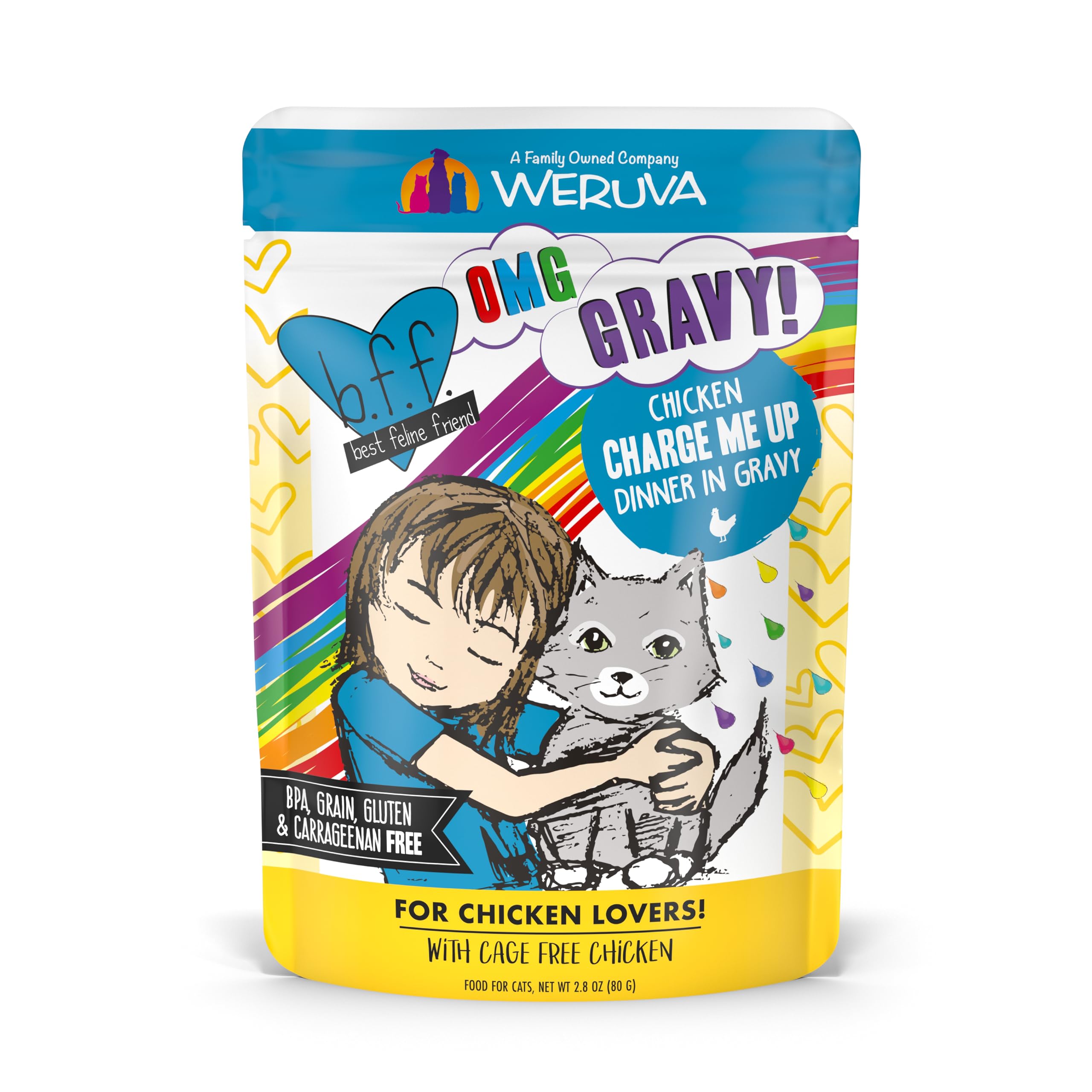 Weruva B.F.F. OMG, bolsa 2,8 oz, lista para servir con pollo.