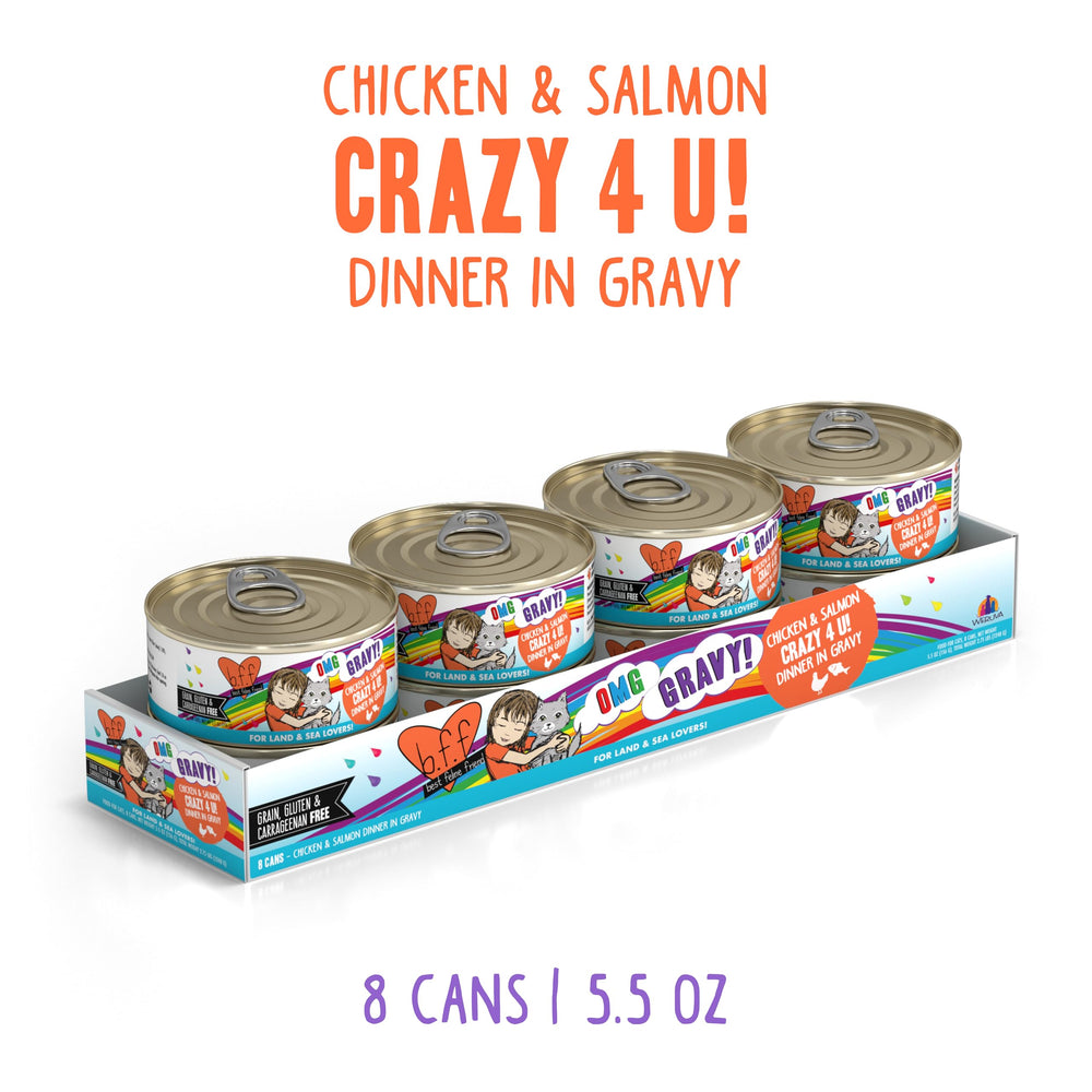 Weruva B.F.F. OMG con pollo y salmón, trozos jugosos en salsa sabrosa.