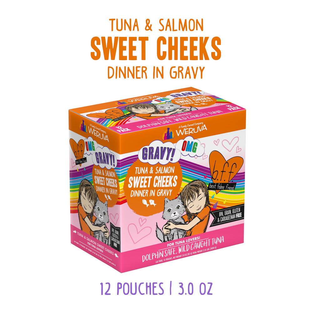 Trozos de atún y salmón en salsa de Weruva B.F.F. OMG para sabor marino.