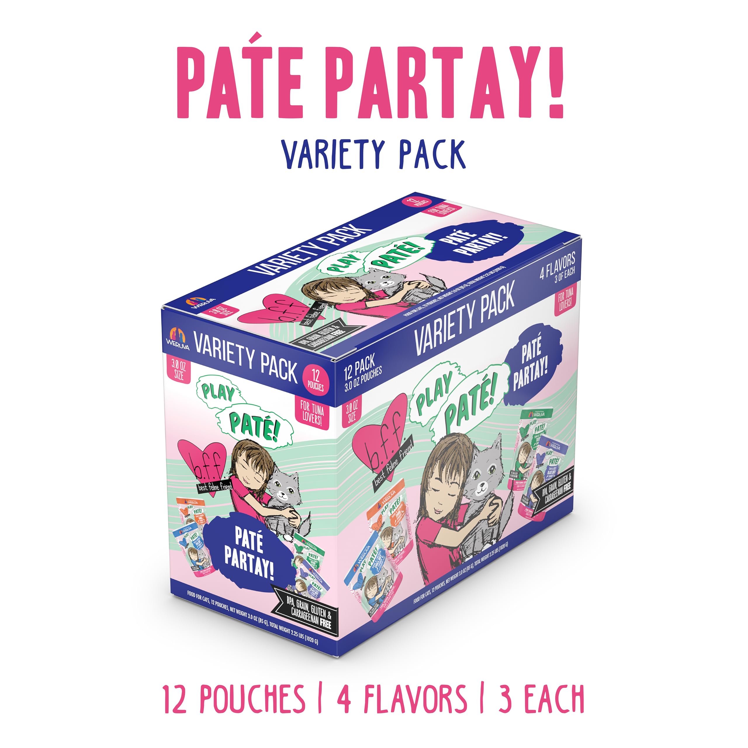 Pack de 12 bolsas Weruva B.F.F. Play Paté Partay, variedade práctica para comidas