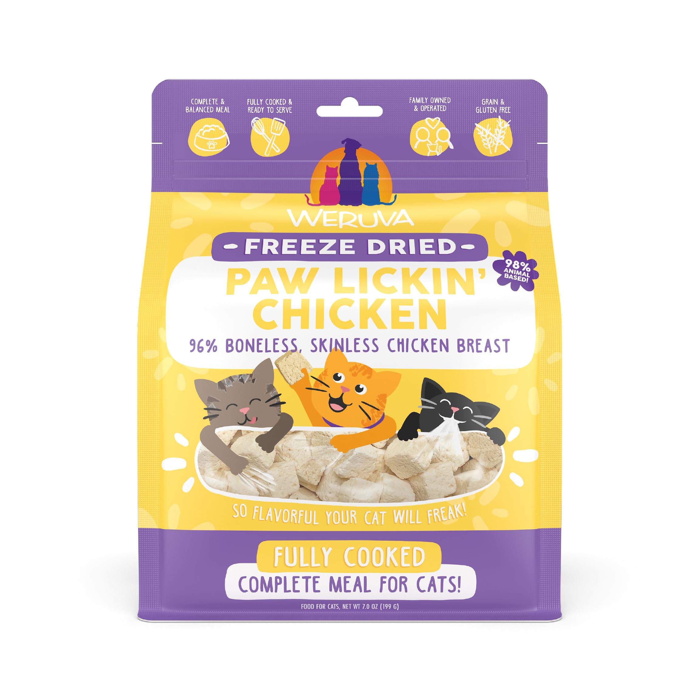 Weruva Cat Freeze Dried Paw Lickin' Chicken, cubos listos para comer, snack diario para gatos.