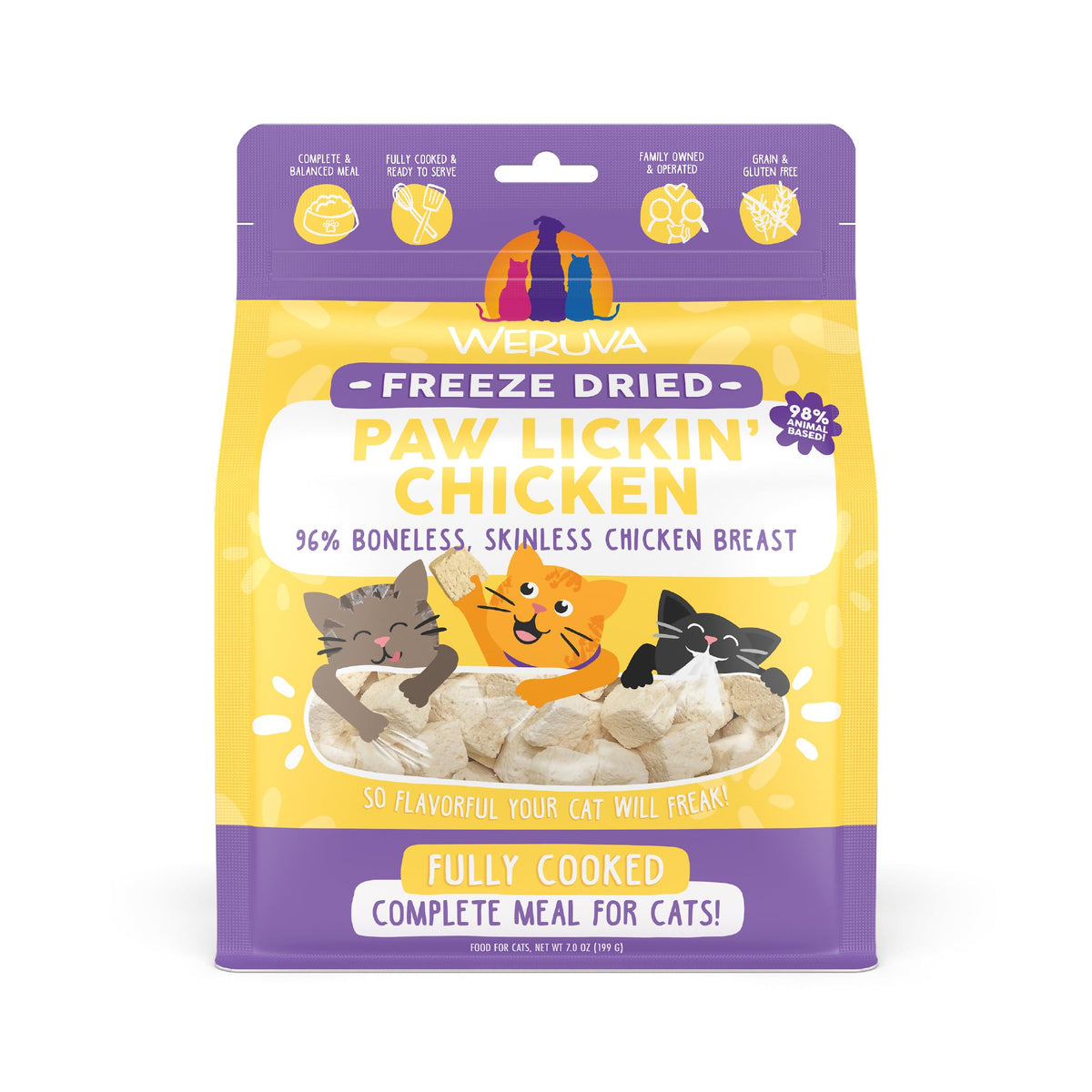 Weruva Cat Freeze Dried Paw Lickin' Chicken, cubos listos para comer, snack diario para gatos.