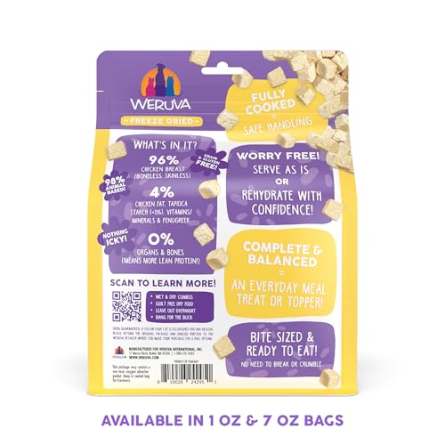 Weruva Cat Freeze Dried Paw Lickin' Chicken, textura suave para masticar.