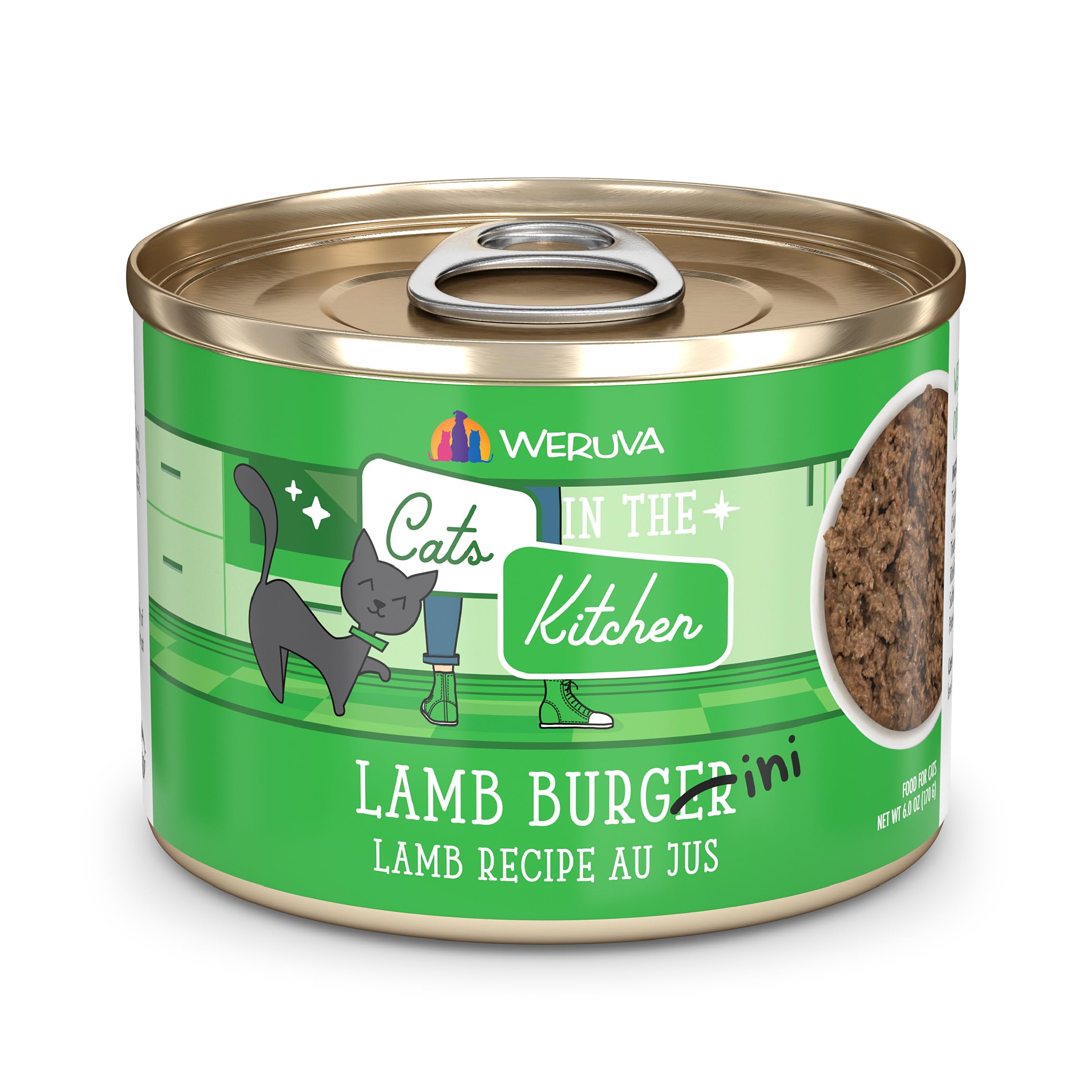 Weruva Gatos en la Cocina hamburguesita de cordero con jugo para estimular el apetito.