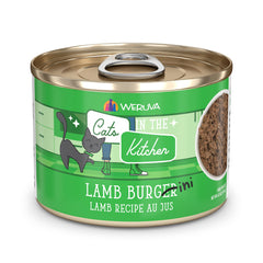 Weruva Gatos en la Cocina hamburguesita de cordero con jugo para estimular el apetito.