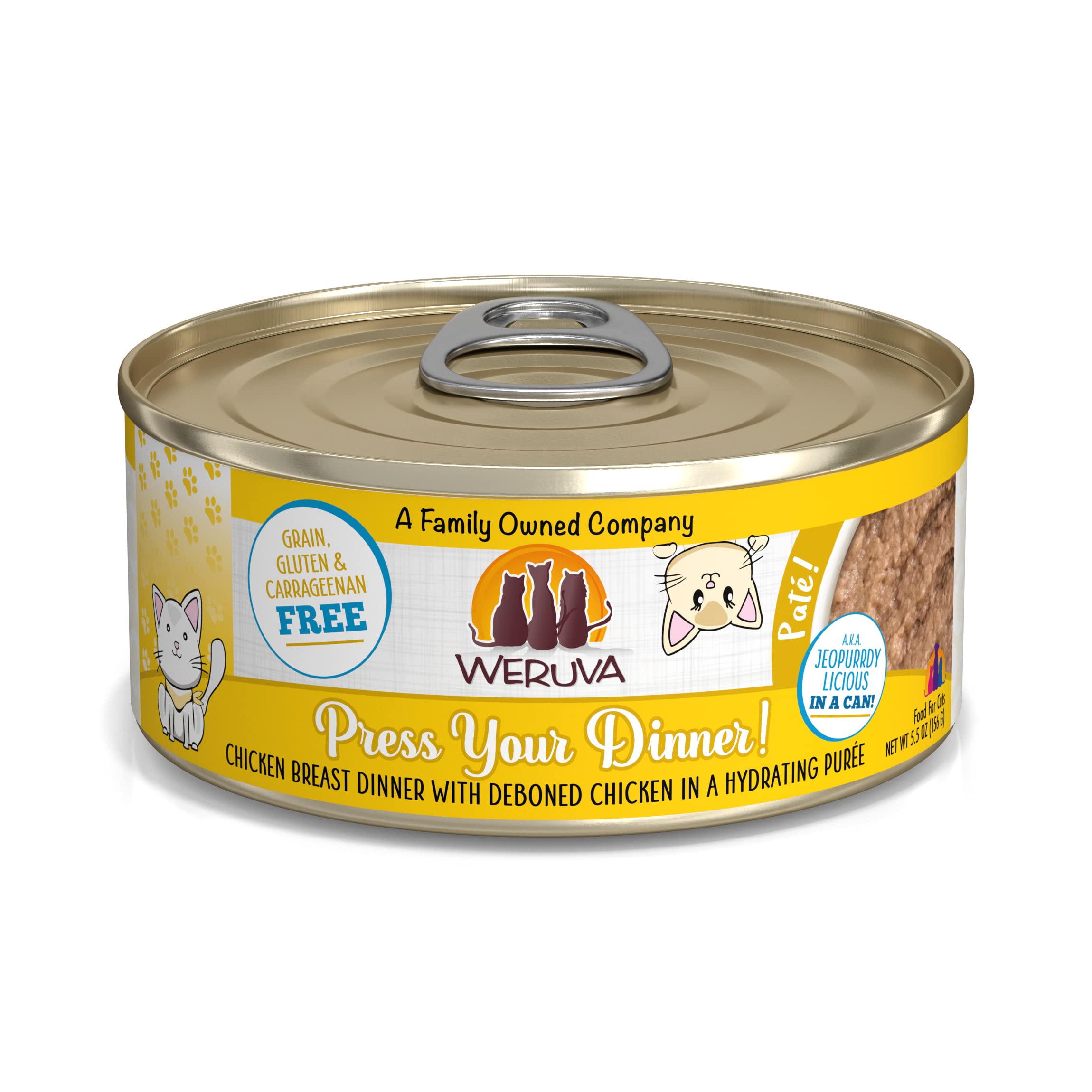 Weruva Classic Cat Paté presiona la cena con pollo, experiencia sabrosa para gatos.