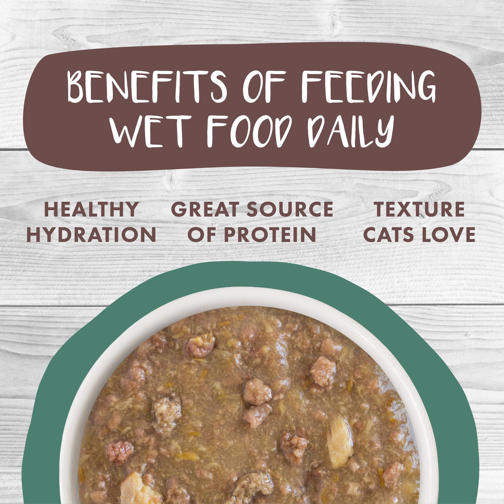 Weruva Classic Cat Stews Omega-3 presente, posibilidad de apoyar el pelaje.