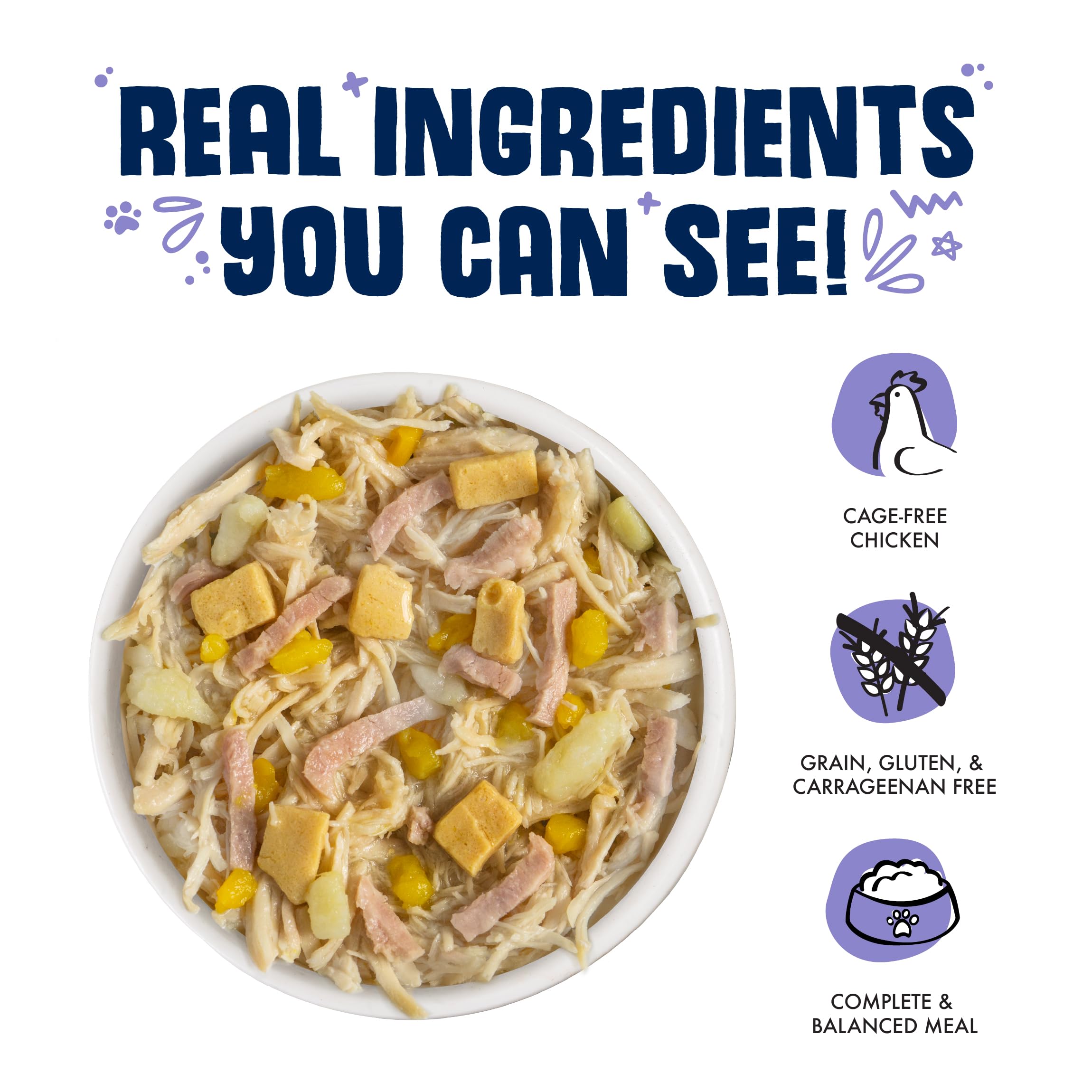 Weruva Bed & Breakfast, ingredientes visibles de pollo y calabaza, apoyo a la variedad diaria.