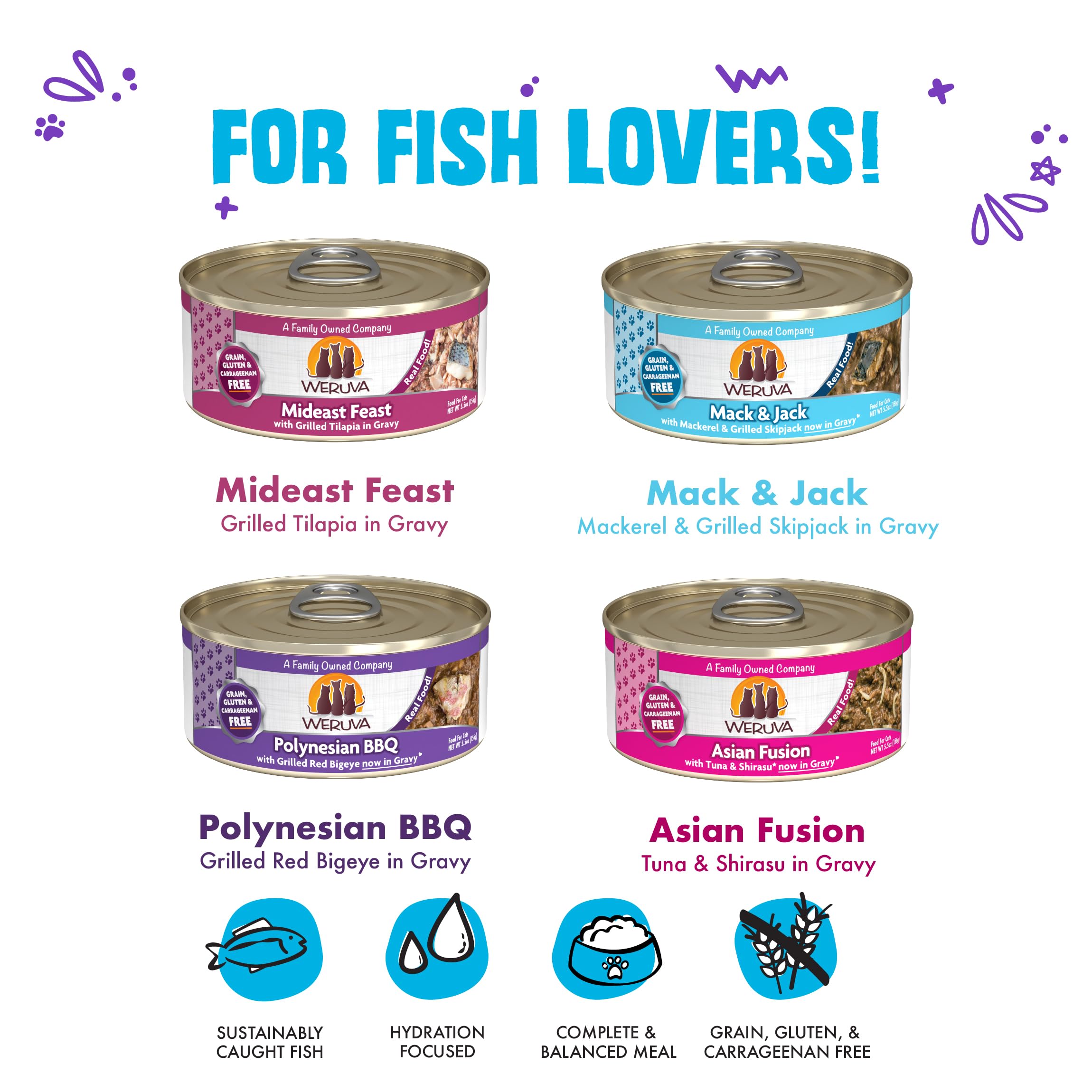 Weruva Frisky Fishin' Friends Asian Fusion, lata 5.5 oz, sabor exótico para paladares selectos.