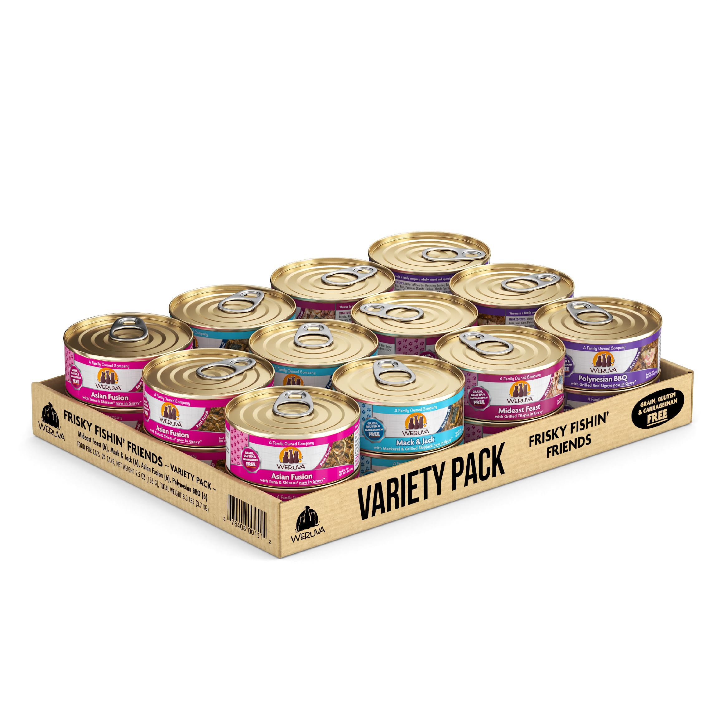 Weruva Frisky Fishin' Friends pack 24 latas, 5.5 oz, variedad para gatos con paladar exigente.