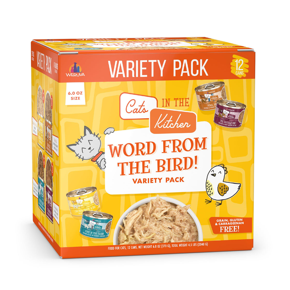Weruva Gatos en la Cocina Palabra del Pájaro: pack de 6 onzas, vista de latas para planificar menús