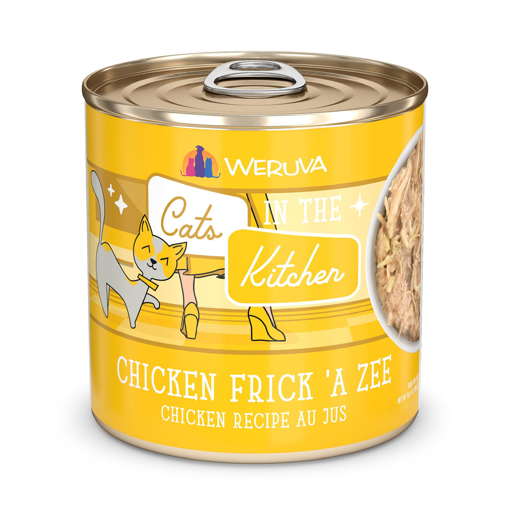 Weruva Cats in The Kitchen con pollo Frick A Zee en lata de 10oz, sabor apetecible.