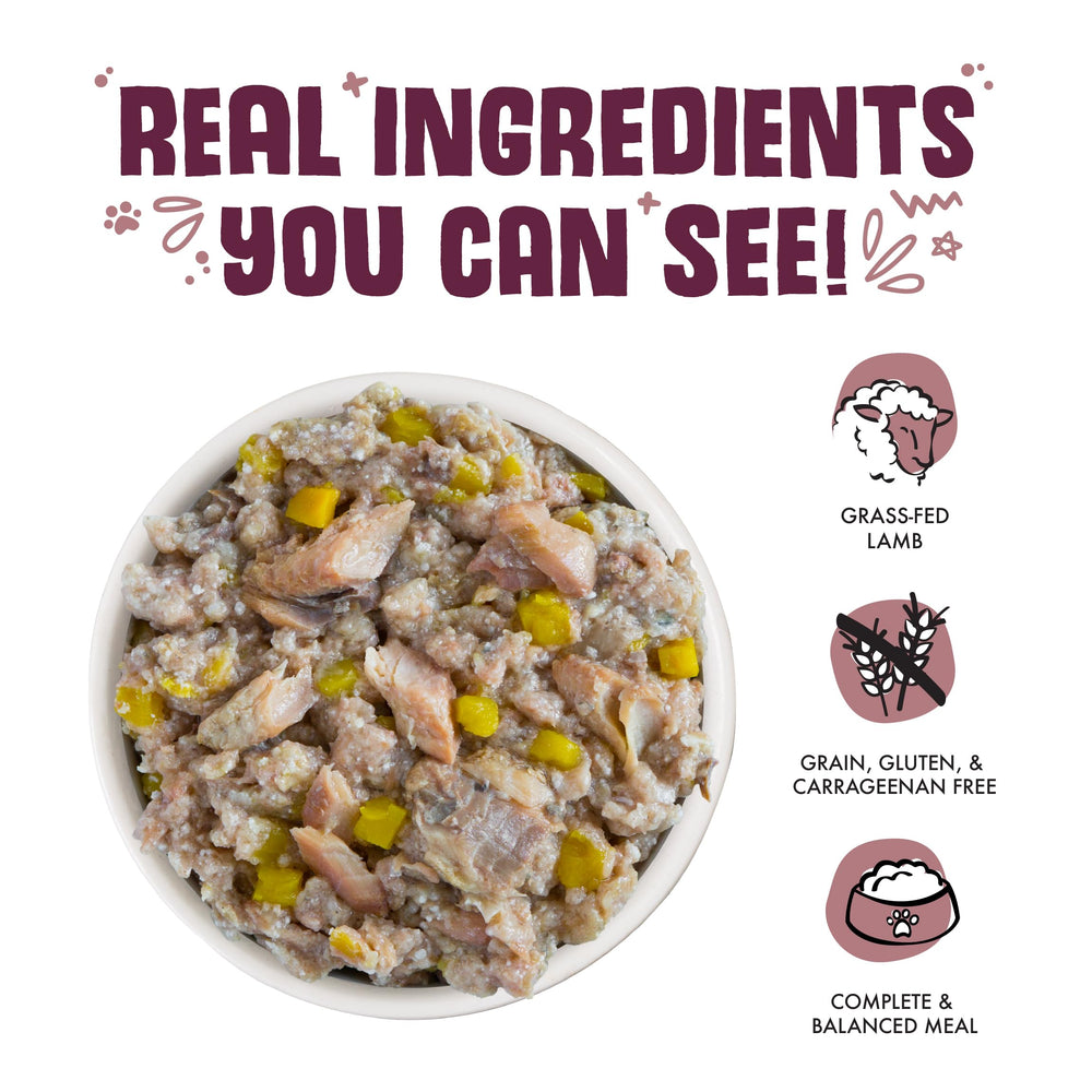 Ingredientes de alta calidad visibles en comida húmeda para perros Weruva