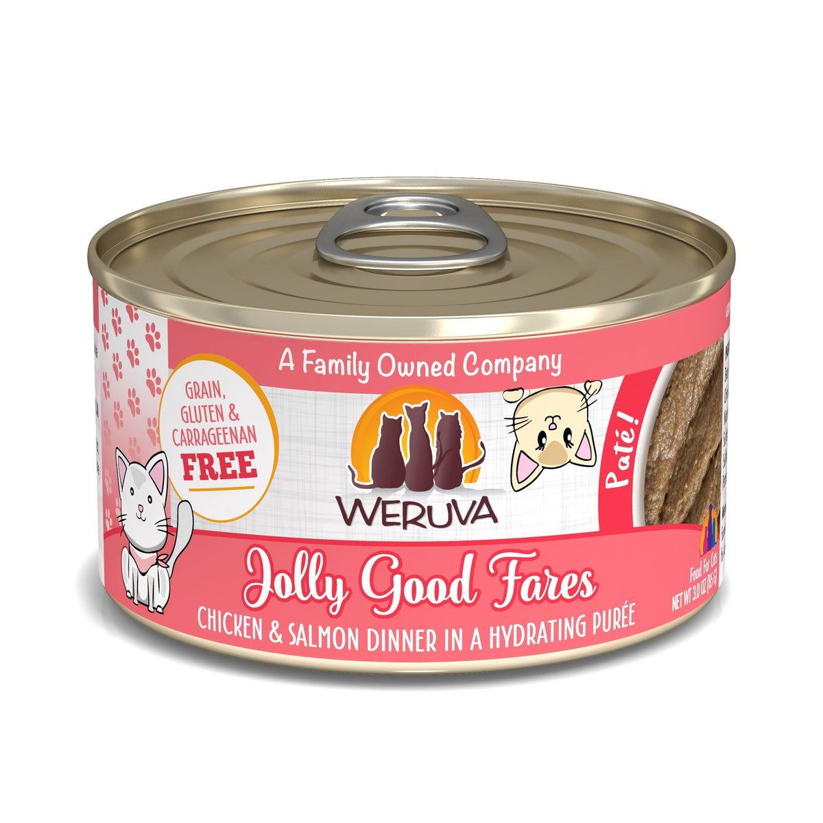 Weruva Jolly Good Fares paté cremoso de pollo y salmón para gatos, favorece la hidratación.