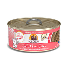 Weruva Jolly Good Fares paté pollo-salmón en lata, textura cremosa para gatos.