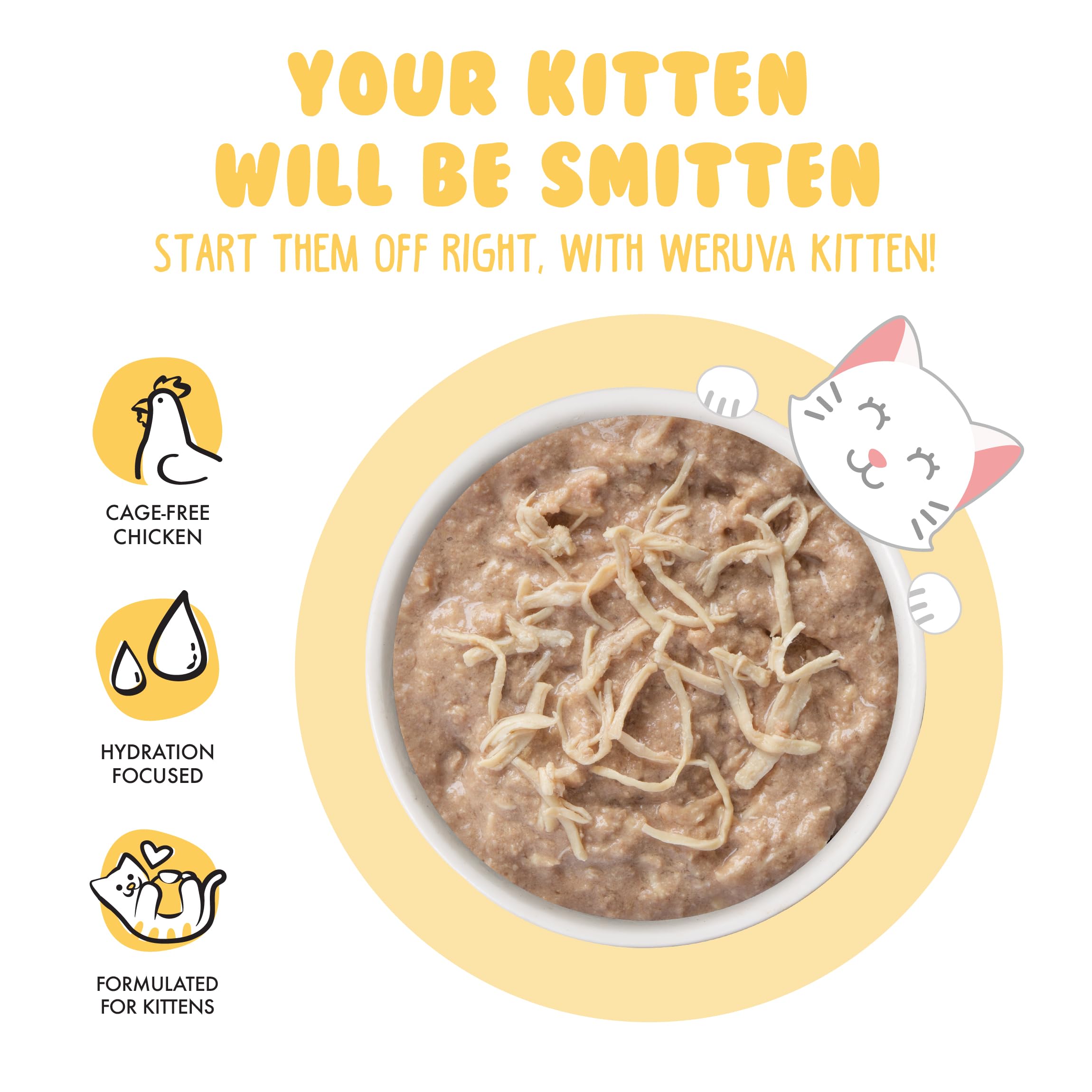 Weruva Gatitos en plato, jugo sabroso para alimentación diaria.